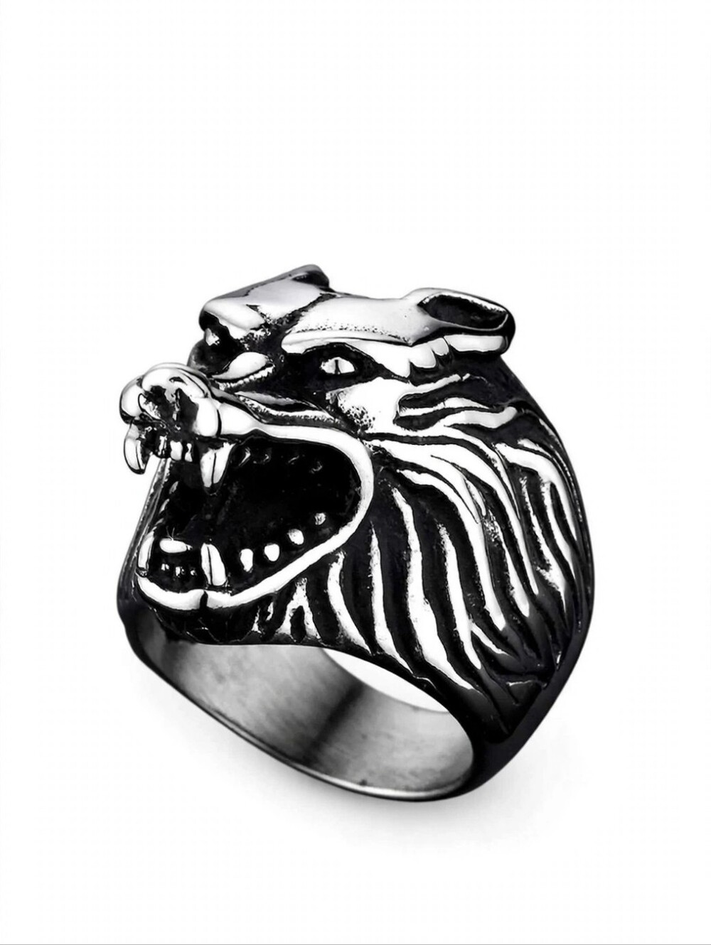 WOLF Black Polished Stainless Steel Wolf Head Ring